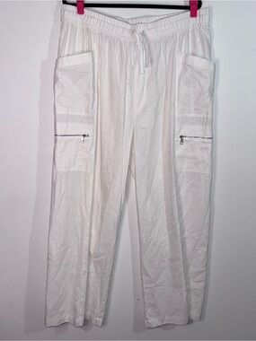 DKNY Linen Blend Cargo Pants Womens XL White Drawstring Wide Leg Pockets